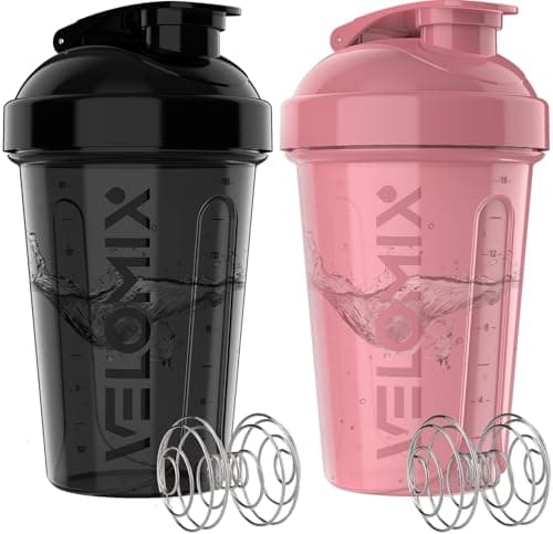 VELOMIX -2 Pack- 20 oz Protein Shaker Bottles for Protein Mixes - 2x Wire Whisk | Leak Proof Shaker Cups for Protein Shakes and Pre Workout | Protein Shaker Bottle Pack (A7) Pink/Black