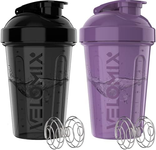 VELOMIX 2 Pack 20oz Protein Shaker Bottle for Protein Mixes, Purple/Black