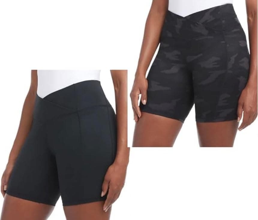 Danskin Women's 2 Pack Cross Waist Bike Shorts (US, Alpha, X-Large, Regular, Regular, Black Salt/Black Camo)