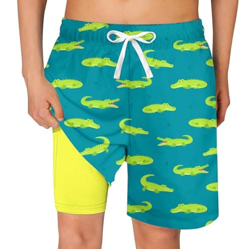 Cozople Teen Boys Crocodile Swim Trunks Size 14-16 Swimwear Quick Dry UPF50+ Stretchy Compression Lining Bathing Suits Blue Sports Surfing Boardshorts Swimsuit with Inner Boxer Brief Shorts