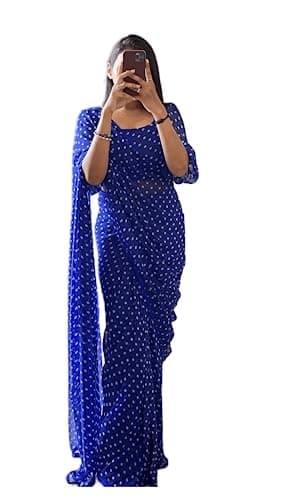 Sidhidata Women's Georgette Printed Ready To Wear Saree With Unstitched Blouse Piece (Polka Blue_Royal Blue_Free Size)