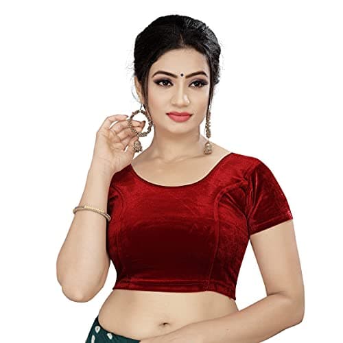 themilestocks TMS Womenfts Velvet Blouses Readymade Gold Stretchable Saree Crop Top Choli Free Size Sparkling (Maroon 1), One Size