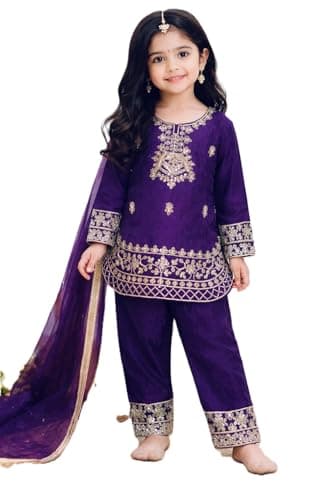 Girls Indian & Pakistani Ethnic Wear Salwar Suit Set with Dupatta (US, Age, 8 Years, 10 Years, Royal Purple)
