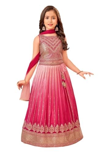 OQQTOO Traditional Lehenga Choli for Girls, Siqwons Embroidered Floral Design, Wedding Dress with Dupatta. (pink, 7-8 years)