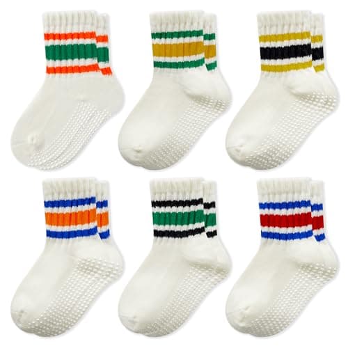BONANGEL Baby Socks with Grips, 6 Pairs Non Slip Cotton Stripe Crew Socks for Toddler Girls Boys Infants Kids 0-5 Years Old