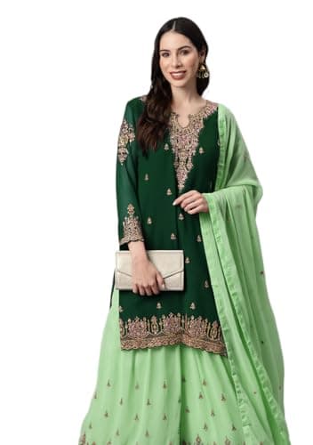 Indya Green Embroidered Georgette Sharara Set – V-Neck for Festive | 3/4 Sleeve | V-Neck | Indian Ethnic Wear