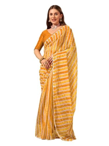 BE4ME.COM One Min Ready Party, Festive, Wedding Wear Pre-Draped, Pre-Stitched Saree with Unstitched Blouse (Yellow Strip)