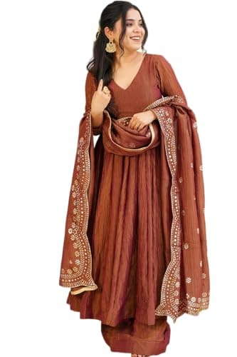 The Red Lion Enterprise Women's Long Anarkali Gown with Embroidered Dupatta Perfect for Weddings & Festive wear (US, Alpha, 3X-Large, Regular, Regular, Brown)