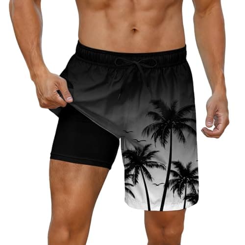 Cozople Mens Board Shorts with Compression Liner 7''Swimming Shorts Boxer Brief Lined Palm Tree Graphic Swimming Trunks XL