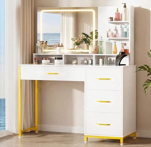 COMHOMA Vanity Desk with Mirro...Table for Bedroom, Pearl White