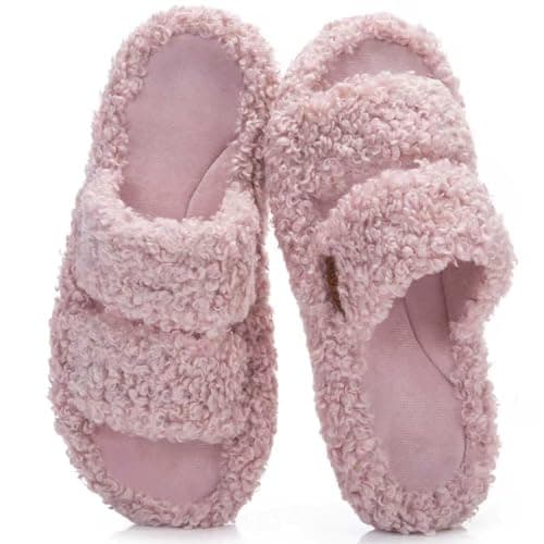 BOVTY Women's Fuzzy Open-toe Bowknot & Double-Strap Slippers, Memory Foam Non-Slip Indoor House Slides