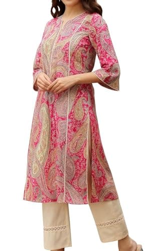 Women's Rayon Ethnic Pink Paisley Printed Straight Kurti with 3/4 Sleeves – Stylish Daily & Festive Wear pink carry (US, Alpha, Large, Regular, Regular)