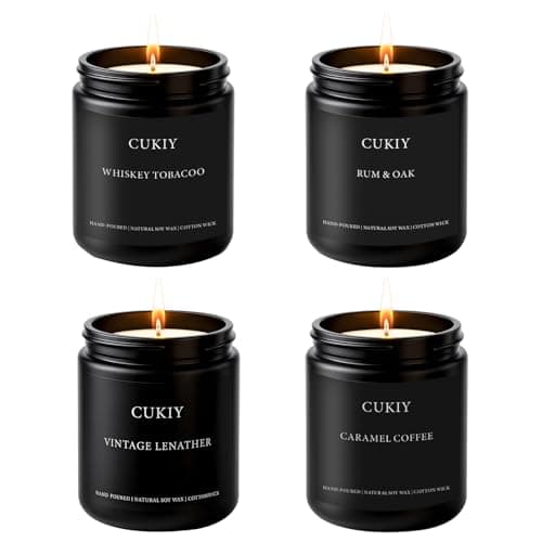 Scented Candle Gift Set, 4 Pack 25oz Soy Wax Candles, Long Lasting Aromatherapy Candles for Home Fragrance, Ideal Gift for Women and Men – Vintage Leather, Caramel Coffee, Rum Oak, Whiskey Tobacco