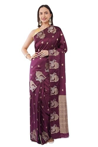 Women’s Aurelium Silk Saree with Unstitched Blouse Piece Golden Gajraj Elephant Motifs, Majestic Wine
