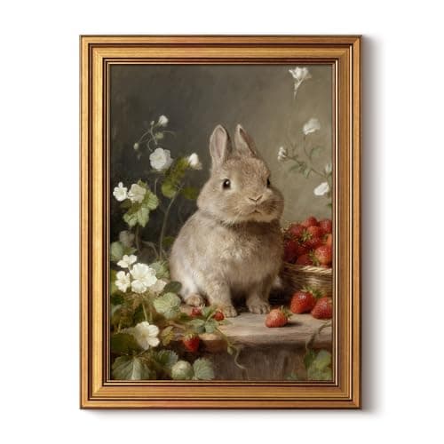 WHASAYART Gold Framed Vintage Wall Art for Living Room, Easter Bunny Decor, Animals Painting Prints Shelf Decor, Aesthetic Bedroom Wall Art, Easter Gifts for Family - Chubby Rabbit 16L x 12W