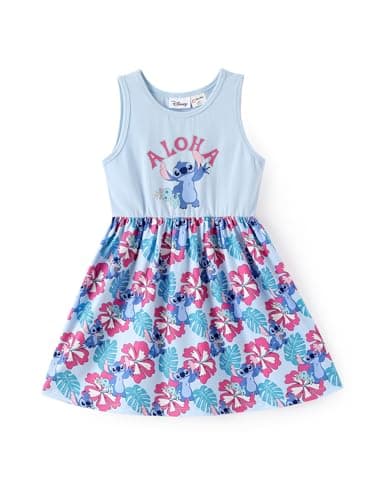 Disney Stitch Toddler Girl Dress Blue Floral Print Sleeveless Casual Summer Sundress Kids Birthday Party Home School Outfits Clothes Size 5-6