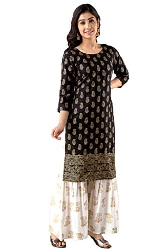 Chandrakala Kurti Sharara Set For Women Rayon Tunic Suit Sets Indian Summer Dress Black-White,XX-Large (K163BLA5)