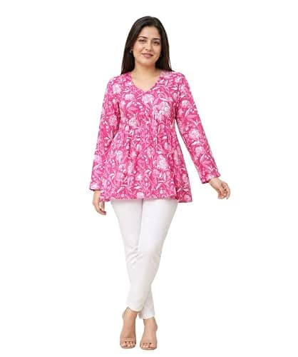 ANUSHIL Women’s Floral Kurti Tunic Top – Casual Long Sleeve Boho Blouse, Flowy Babydoll Style, V-Neck Ethnic Indian Kurta for Jeans & Leggings