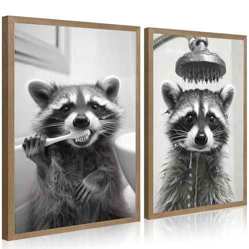 RJETZMU Unframed 12x16 Funny Raccoon Bathroom Wall Art - Black and White Brushing Teeth & Shower Canvas Prints - 2 Pcs Cute Animal Decor for Kids