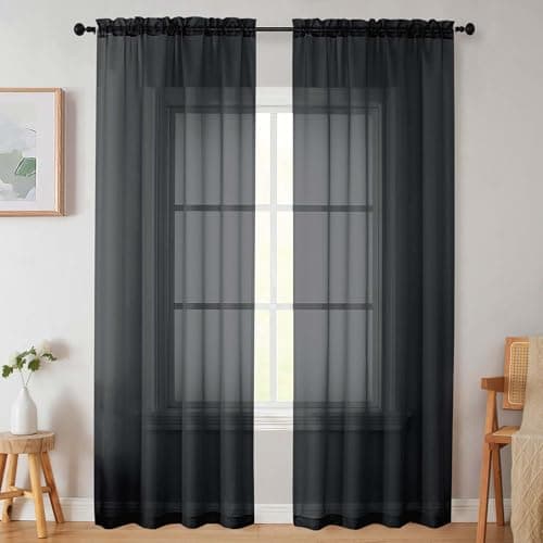 WelvetBLK Sheer Black Curtains for Bedroom Living Room 90 Inches Long 2 Panels Set, Soft Airy Light Filtering Sheer Window Treatments, Modern Rod Pocket Curtains Drapes, Each 42" Wx90 L Inch