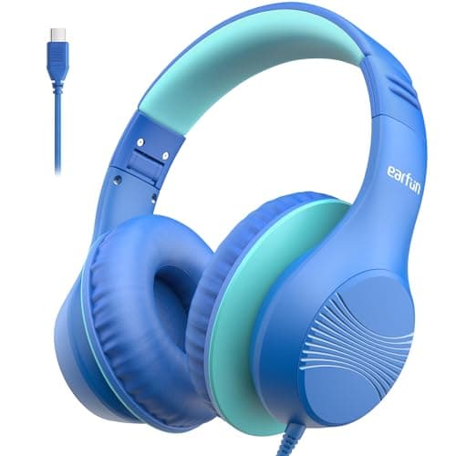EarFun K3 Kids Headphones, USB Type C Over Ear Headphones for Kids, Volume Limit, HD Stereo Sound, Comfortable Fit, Foldable Wired Headphone for School/Travel/Boys/Girls/Tablet/iPad, Blue