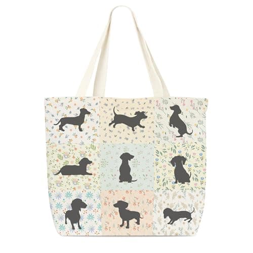 Dr.Baner Dachshund Canvas Tote Bag, Wildflowers Themed Library Book Bag For Bookish, Dachshund Gifts For Women, Reusable Weiner Dog Grocery Shoulder Bags For Friends Dog Lovers -03