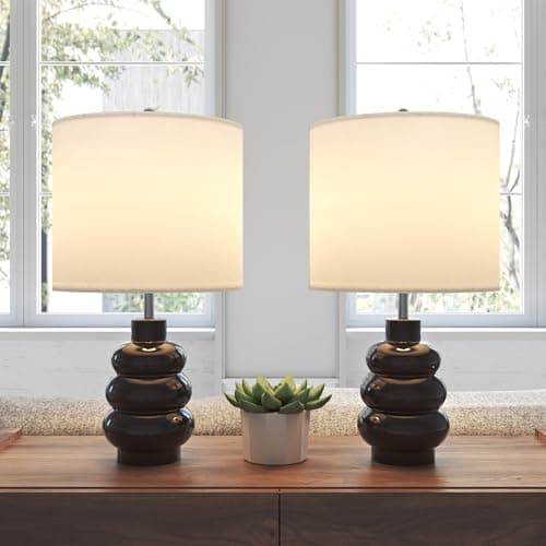 Lumspax 17.5" Black Ceramic Gourd Table Lamps Set of 2, Touch Control Farmhouse Lamps for Nightstand Living Room, Small Rustic Bedside Lamp for Bedroom Desk End Table Office with Linen Shades