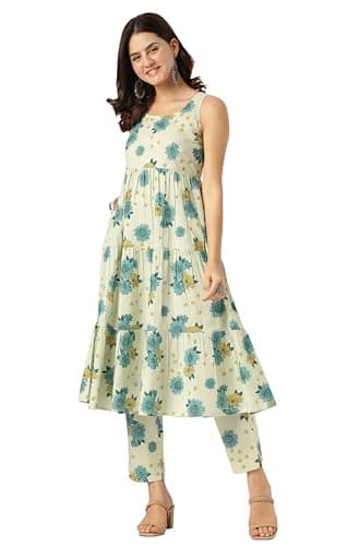 Janasya Indian Women's Cotton Mint Floral Print Casual Wear Kurta Set for Women