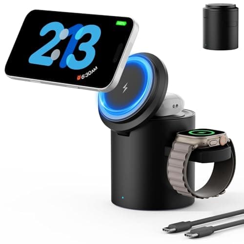 Foldable 3in1 Magnetic Wireless Charger,15W • Silent • Travel Ready, for iPhone17-12, Fast Charging Station for Apple Watch AirPods, Portable MagSafe Charger with Stand Mode for Travel & Desk