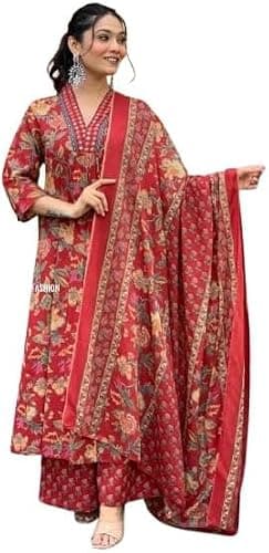 Aizza Trends Jaipuri Prints Hand Embrodiery Work Cotton Kurti Pant & Dupatta Set For Women and Girls-Cotton Dress For Women-Party Wear Dress For Women-X-Large