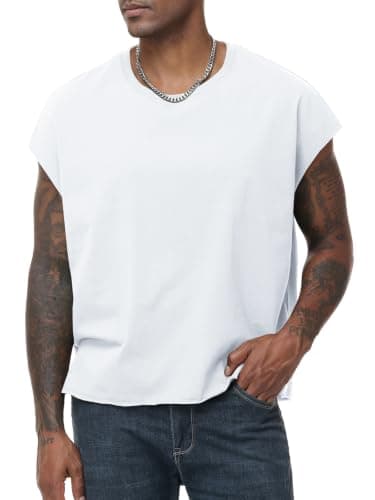 KEEPSHOWING Sleeveless Shirts for Men Cotton Dolman Sleeve Crop Vest Top T Shirts Men Muscle Loose Running Tank Tops(WT,L) White