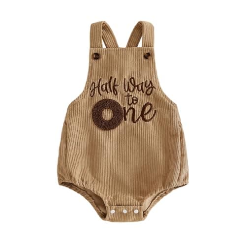 Honganda Baby Boy 1/2 Birthday Outfit Sleeveless Corduroy Overalls Half Way to One Cake Smash Romper for Half Birthday Party (Brown, 6-12 Months)