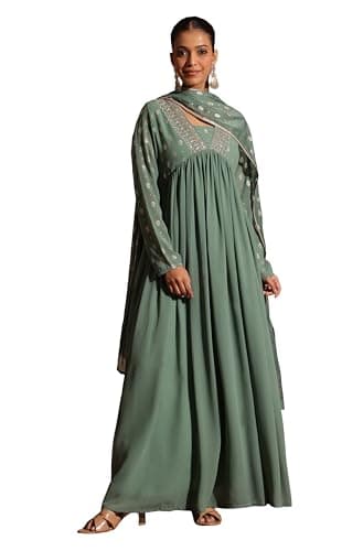 Janasya Indian Women's Georgette Sage Foil Print Festive Wear Kurta with Dupatta for Women