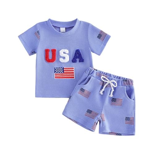 Rourufy Toddler Baby Boy 4th Of July Outfit Waffle USA American Flag T Shirt Top Shorts Set Summer Memorial Day Clothes (A USA Flag Blue, 0-6 Months)