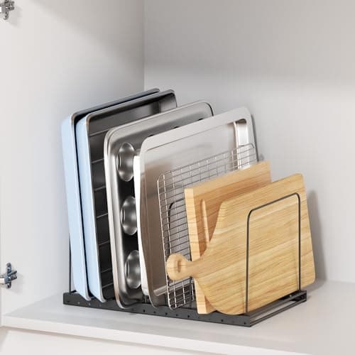 ORDORA Cutting Board Holder Stand Organizer Rack for Cabinet, 7 Slot Adjustable Dividers Baking Sheet Organizer for Counterop, Chopping Board Holder for Cookie Sheet, Baking Tray and Thin Pans, Black