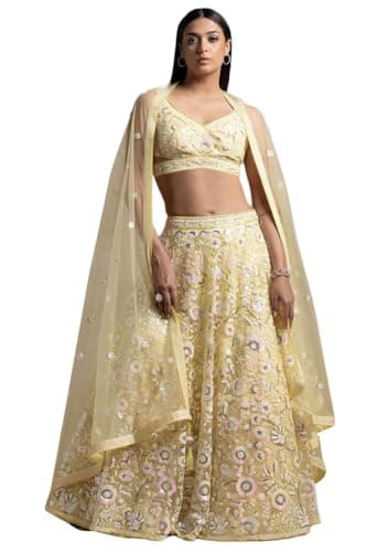 Indya Yellow Sequin Embroidered Net Lehenga Set for Destination Wedding | Sleeveless | V-Neck | Indian Ethnic Wear