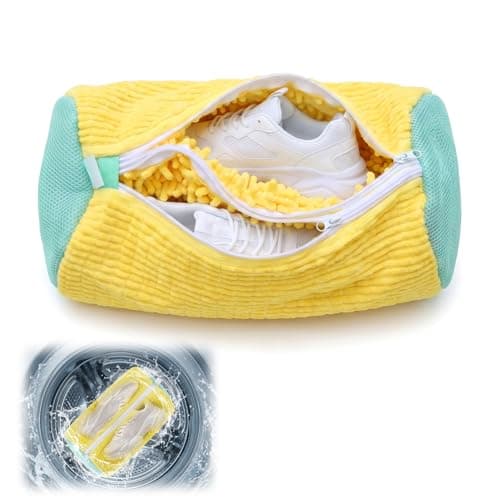 Dual Shoe Washing Machine Bag Holds 2 Shoes,Reusable Laundry Shoe Bag for Washer and Dryer 360° Deep Cleaning,Shoe Cleaning Bags with Built-in Brushes for Sneaker Tennis Shoes Drying Bags (Yellow)