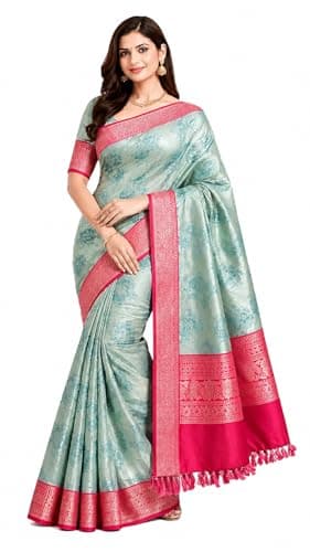 TRILOK CREATION Women's Kanjivaram Banarasi Soft Silk Saree With Unstitched Blouse Piece 5.80 Meter (Pista Green and Rani pink)