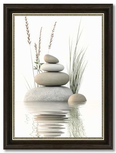 Dark Brown Framed Zen Stone Canvas Wall Art, Stacked Stones in Water Poster Print Artwork, Black White Bathroom Painting Picture Wall Decor, for Spa, Yoga, Meditation Room, Home Decoration, 9x11in