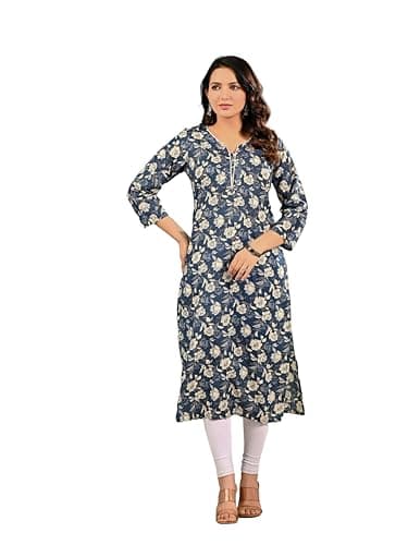 Ramkudi Women's Cotton Kurti | Indian Style Tunic Top | Ethnic Dailywear Kurtis for Girls/Women | Printed Kurta with Stylish Design Navy Blue