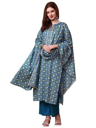 Tissu Women's Cotton Satin Blue Printed Sequinned Work Kurta & Palazzo Set with Dupatta (800_Blue_XL)
