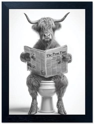 Funny Highland Cow Bathroom Wall Art - Framed Black and White Bathroom Wall Decor, Humorous Cow Picture Wall Decor with Cute Animal Canvas, Modern Farmhouse Style Restroom Sign Art for Toilet & Washroom 11"x14"