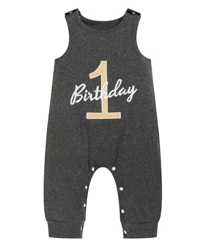 Viworld Baby Boy 1st Birthday Romper Infant Ribbed Jumpsuit Embroidery One Year Old Cake Smash Outfits (Dark Grey,9-12M)