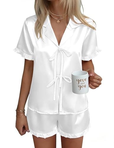 Ekouaer Satin Pajama for Women Short Sleeve Silky Pj Short Set Bow Front Tie Up Loungewear Sleepwear White