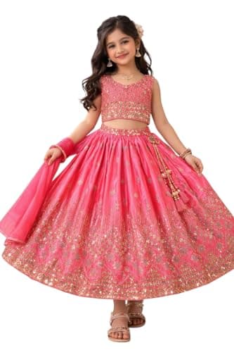 LUVAQ Kids Hevy Chinon sillk Festival Embroidery Fancy Latkan Dore Lehenga Choli With Dupatta Set For Girls (Pink, 8-9 Years)