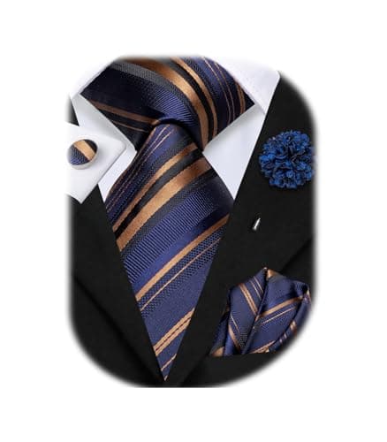 Hi-Tie Mens Blue Brown Striped Ties Set Lapel Pin Silk Stripes Necktie Set for Men Pocket Square Cufflinks Wedding Business