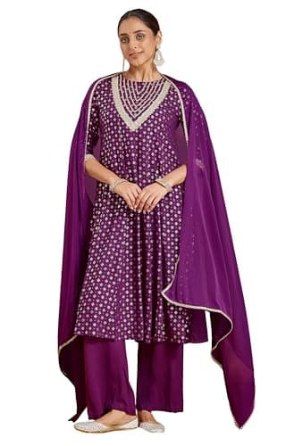 Janasya Indian Women's Rayon Purple Foil Print Festive Wear Kurta Set for Women