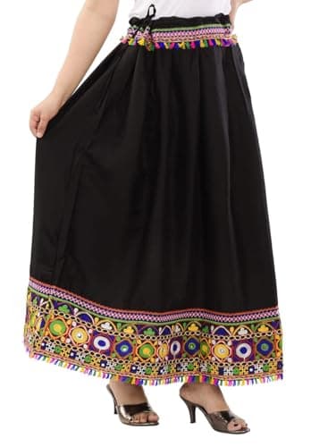Women's Traditional Gujarati Embroidered Cotton Skirt – Mirror Work Lehenga, Free Size – Ethnic Long Skirt for Girls & Women (US, Alpha, One Size, Regular, Regular, Black)