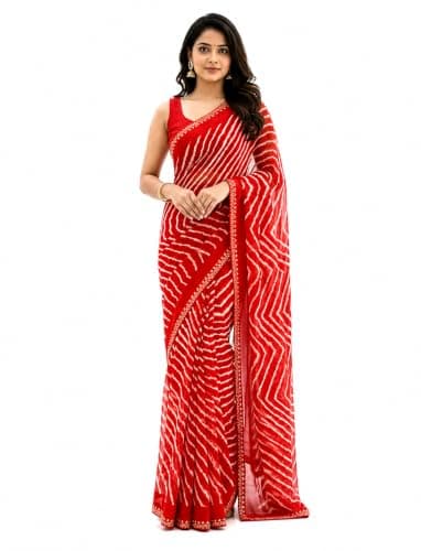Bhuvik Creations Women's Leheriya Print Georgette Saree with Blouse Piece, Traditional Tie Dye Saree for festivals Teej & Sawan Celebrations (Red)