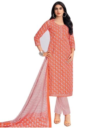 ladyline Womens 100% Cotton Jaipuri Printed Salwar Kameez Suit – Ethnic Kurta, Pants & Mal Dupatta Set | Indian Punjabi Dress (CPSK DTCG) (36/ Peach)